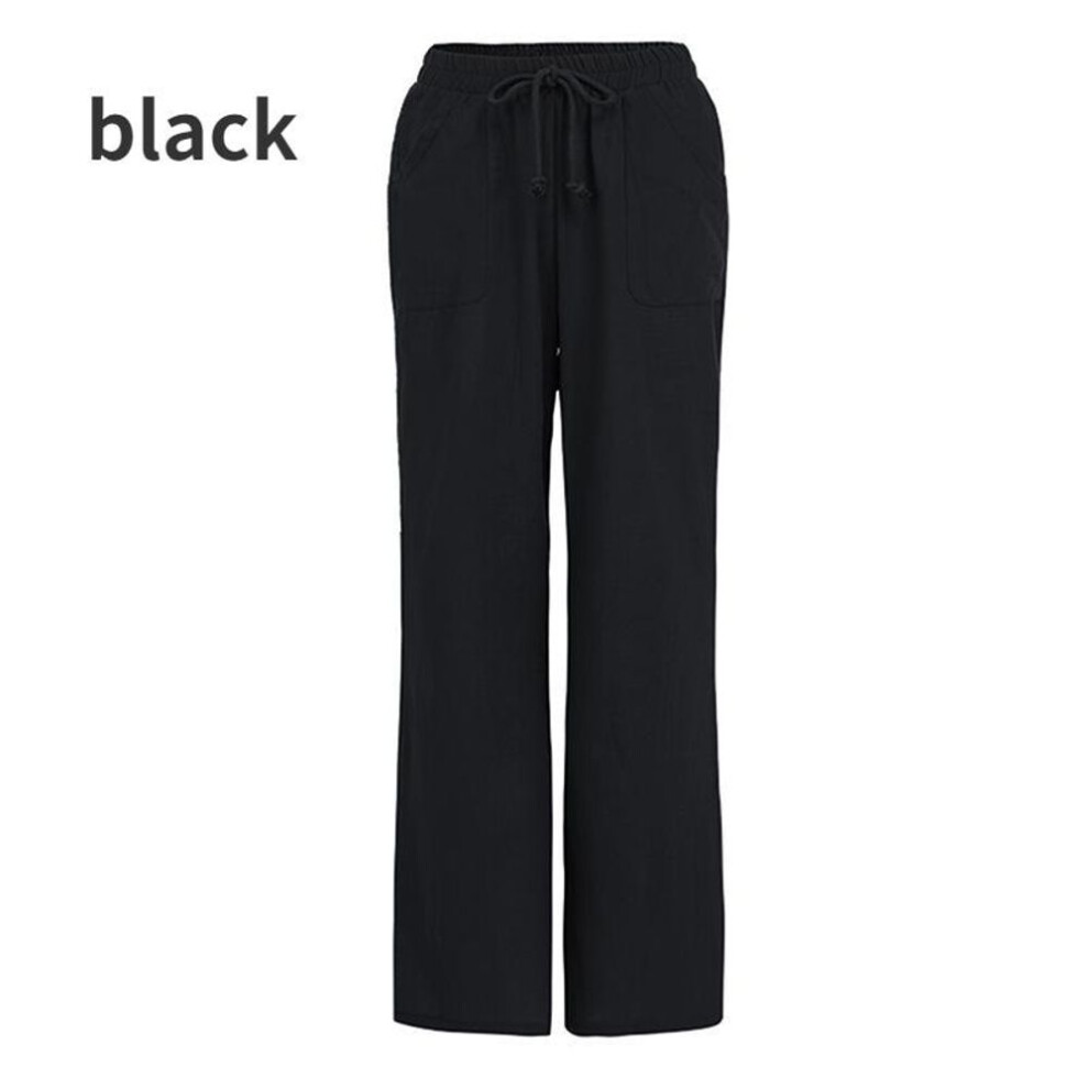 (black, L) Women Spring Summer Cotton Linen Pants Casual Elastic Waist Wide Leg Trousers Fashion White Black Pants