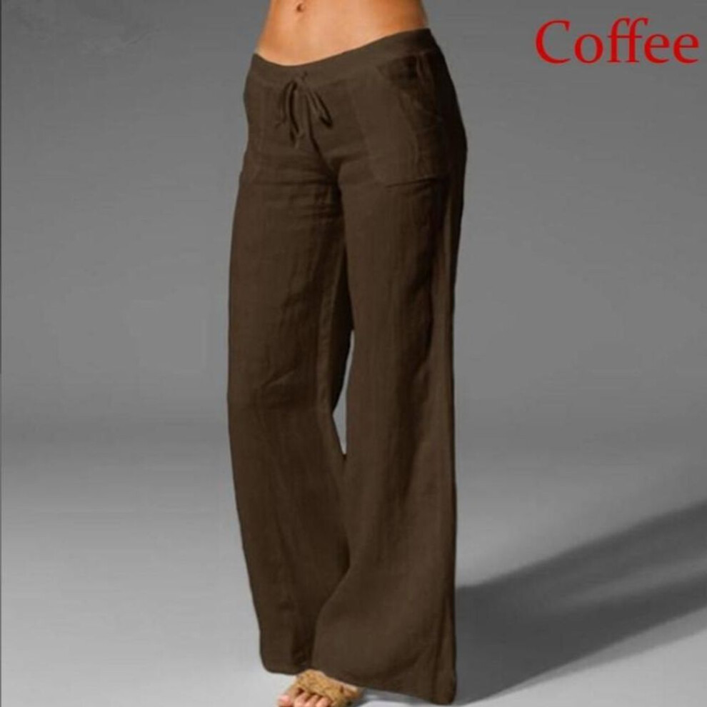 (coffee, 2XL) Women Spring Summer Cotton Linen Pants Casual Elastic Waist Wide Leg Trousers Fashion White Black Pants