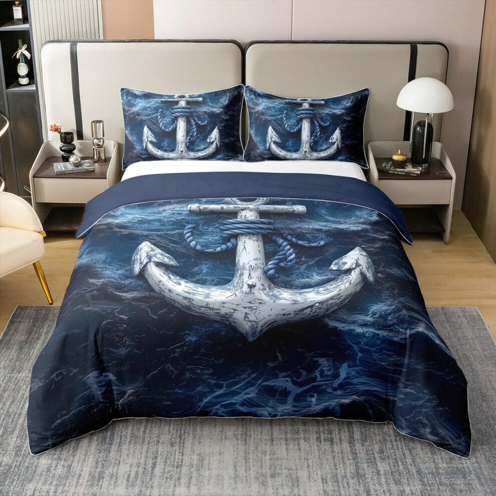 (Yellow Red Blue Gray, Super King(86"x102")) 3D Ocean Anchor 100% Cotton Duvet Cover King 3 Pcs Natural Blue Sea Waves Print Decor Bedding Set for Kids Teens Adults Nautical Theme Sa...