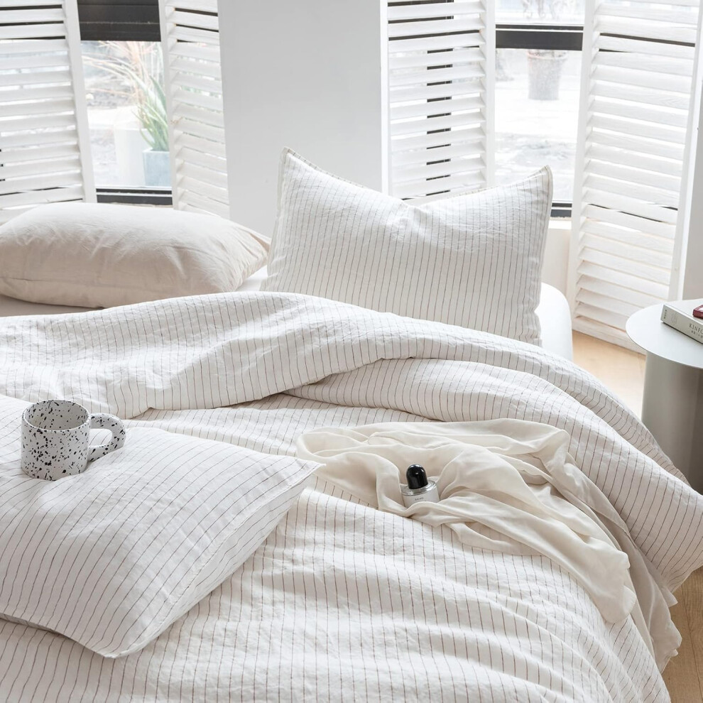 (Grey Stripe, King) Simple&Opulence 100% Pure Linen Duvet Cover Set, 3Pcs Striped Washed Natural Flax Bedding Set with Button Closure, Soft Breathable Durabl...