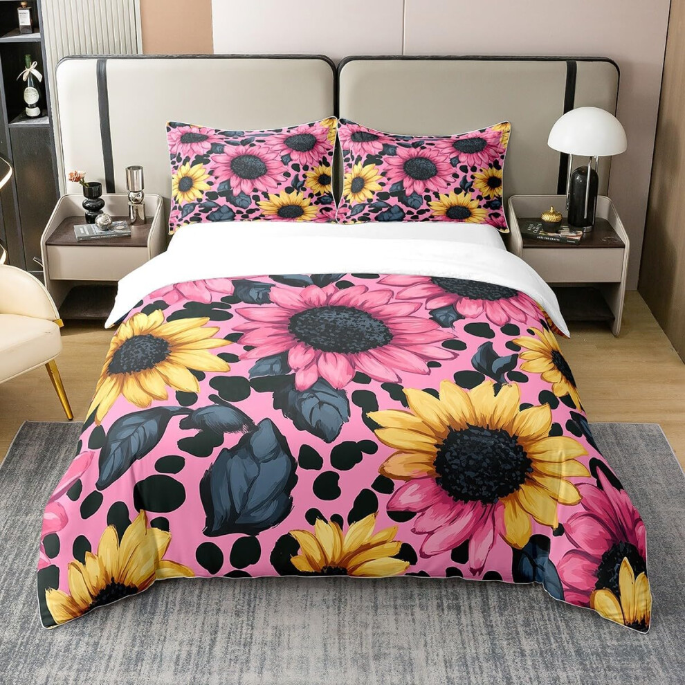 (Dark Grey Black, Super King(86"x102")) Sunflower 100% Natural Cotton Bedding Set King Size Vintage Leopard Print Duvet Cover Nature Floral Botanical Comforter Cover Rustic Boho...
