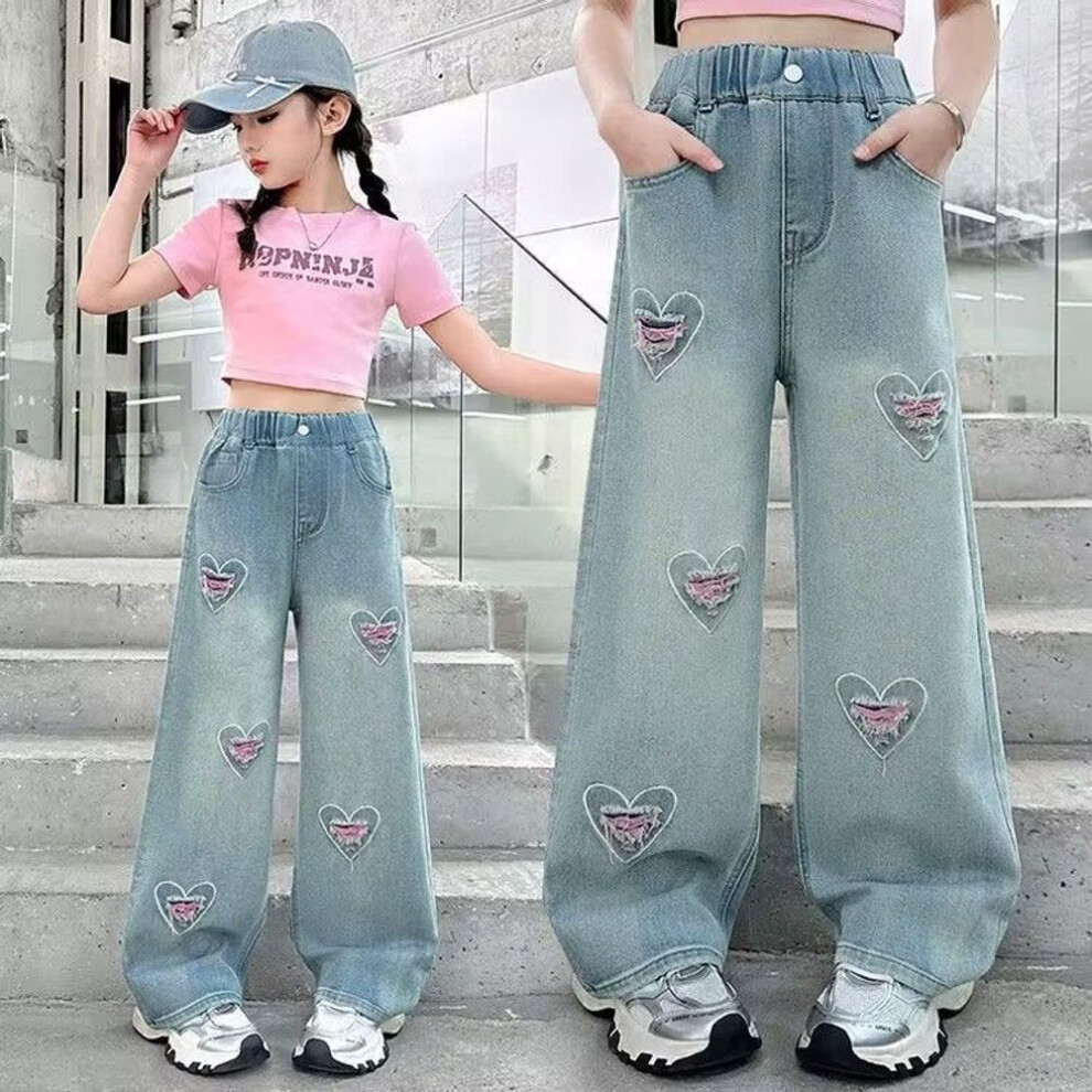 (as the picture, 120) Girls' Jeans Spring And Autumn Children's Pants Women's Fashionable Wide Straight Leg Wide Leg Pants