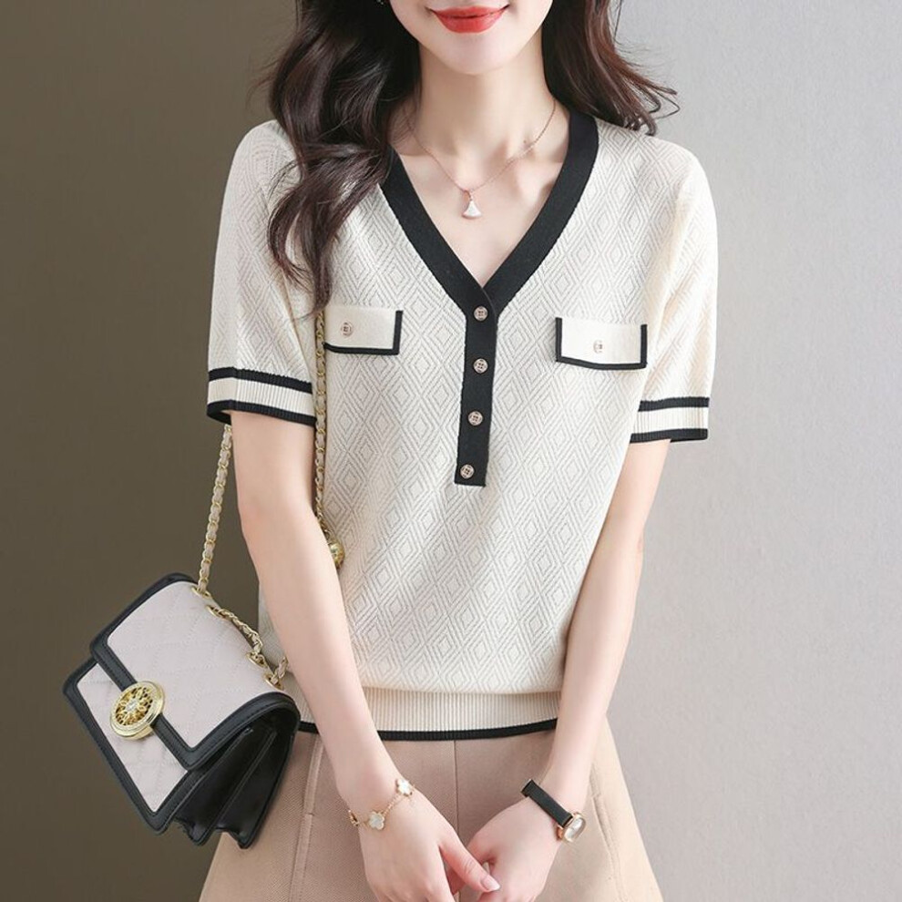 (XL, beige) Summer Women's Knitted T-shirt V-neck Loose Look Slimming Color Blocked Top Women's Knitted Shirt