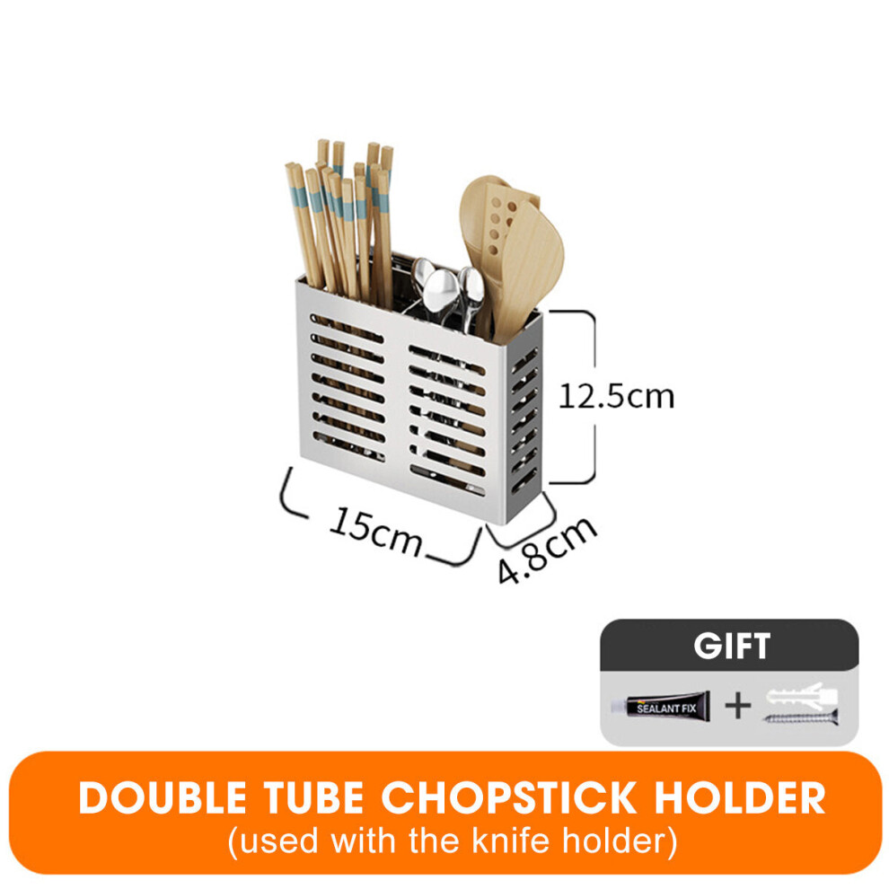 (Double Tube Chopstick Holder) Wall Hanging Storage Shelf Rack Organizer Kitchen Dishes Spice Knife Holder