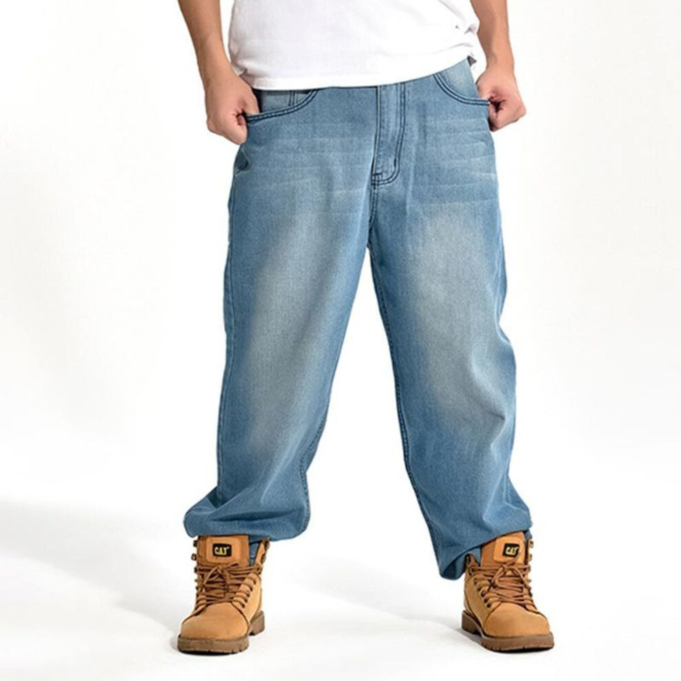 (light blue, XXXXXL) Man Loose Baggy Jeans Hip Hop Skateboard Denim Pants Street Dance Rap Trouses For Male