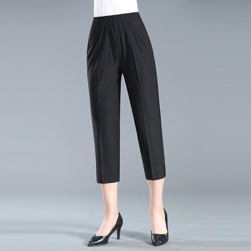 (black, L) Summer Women Casual Thin Capri Pants Fashion Slim Office Lady High Waist Loose Pencil Pants Black White