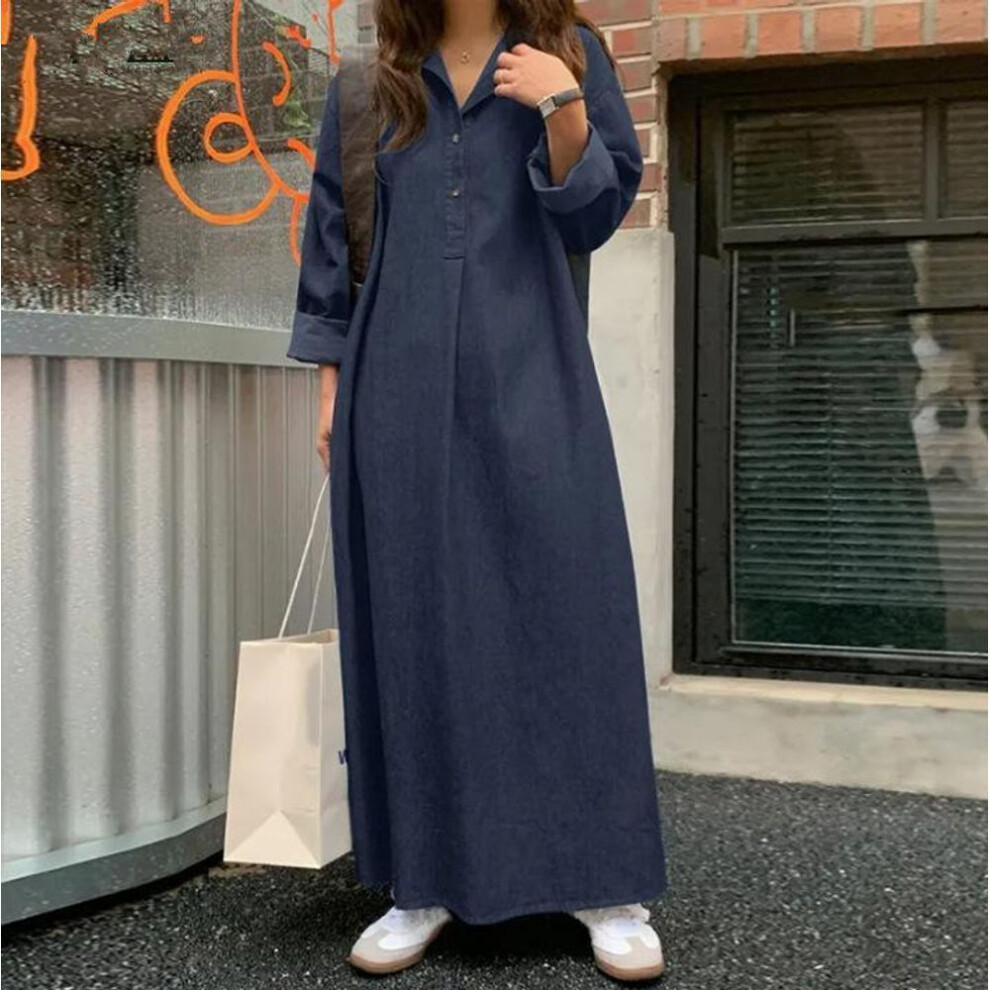 (navy blue, XL) Spring Women Long Shirt Dress Oversize Long Sleeve Robe Vintage Denim Blue Dresses Casual Loose Buttons Up Vestidos