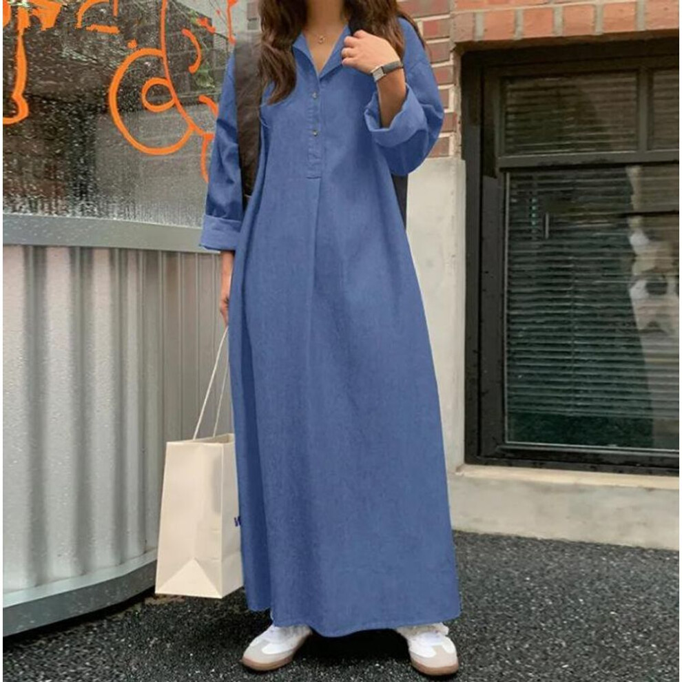 (blue, M) Spring Women Long Shirt Dress Oversize Long Sleeve Robe Vintage Denim Blue Dresses Casual Loose Buttons Up Vestidos