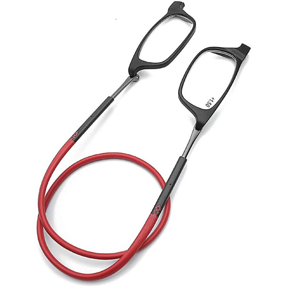 Black/Red ( And 3.0X) ( And 3.5X) Magnetic Hanging Neck Glasses Portable Foldable Tr90 Reading Glasses For Men Women