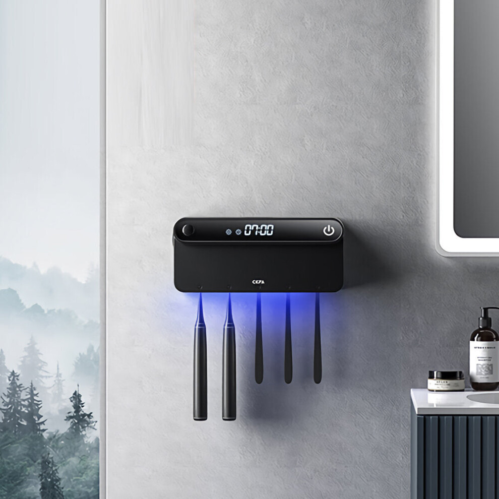 (Black) Intelligent Toothbrush Sterilizer Wall Mounted Timming UV Disinfection Toothbrush Disinfectant Holder With LED Displayed