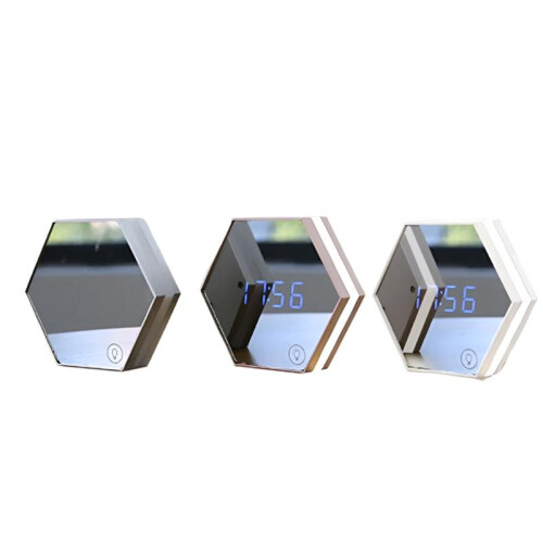 (Silver) Three-Color Multi-function Mirror LED Makeup Mirror Light Night Light Alarm Clock
