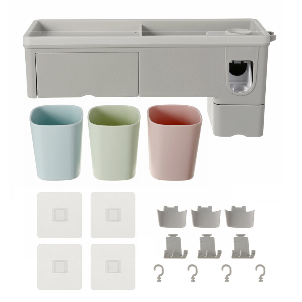 (3-Cup Holder) Wall-mounted Toothbrush Holder Toothpaste Dispenser Bathroom Storage Organizer
