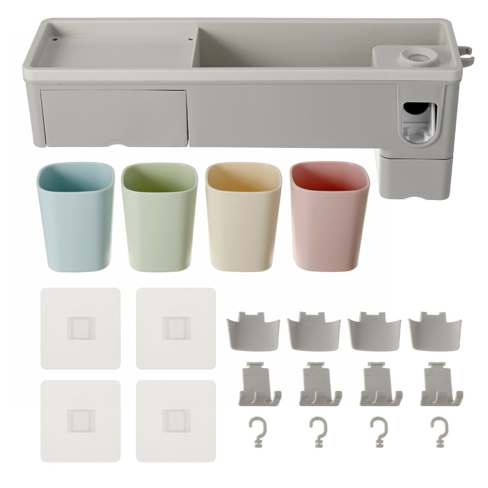 (4-Cup Holder) Wall-mounted Toothbrush Holder Toothpaste Dispenser Bathroom Storage Organizer