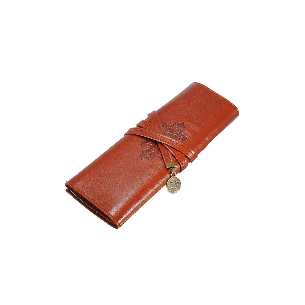 (Coffee) Leather Folding Strap Case Makeup Cosmetic Brush Pouch