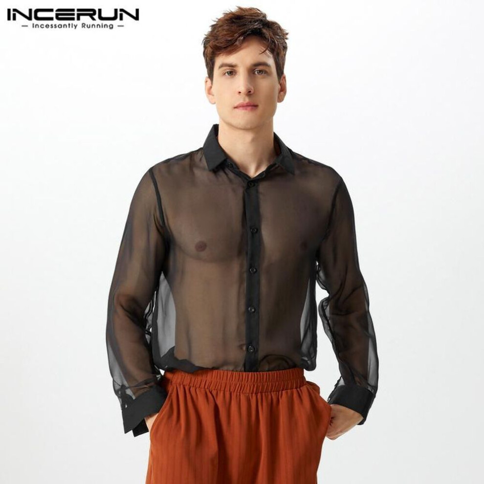 (2XL, black) INCERUN Men Long Sleeve Lapel Neck Mesh Sheer See Through Party Tops Night Club Shirts