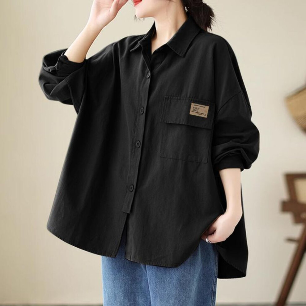 (S, black) Zanzea Women Casual Turn Down Collar Long Sleeve Loose Button Blouse