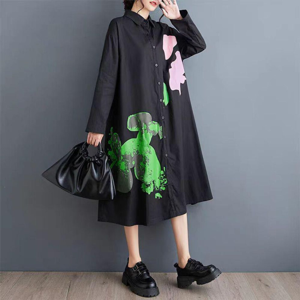 (black, 2XL) ZANZEA Women Fashion Shirt Collar Long Sleeve Printed Dresses