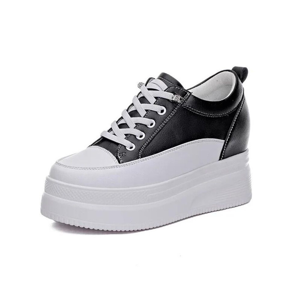 (black, 39) 100% Genuine Leather Shoes Women Fashion Sneakers Brand Ladies Flat Platform Height Increasing 8cm Black White Shoes