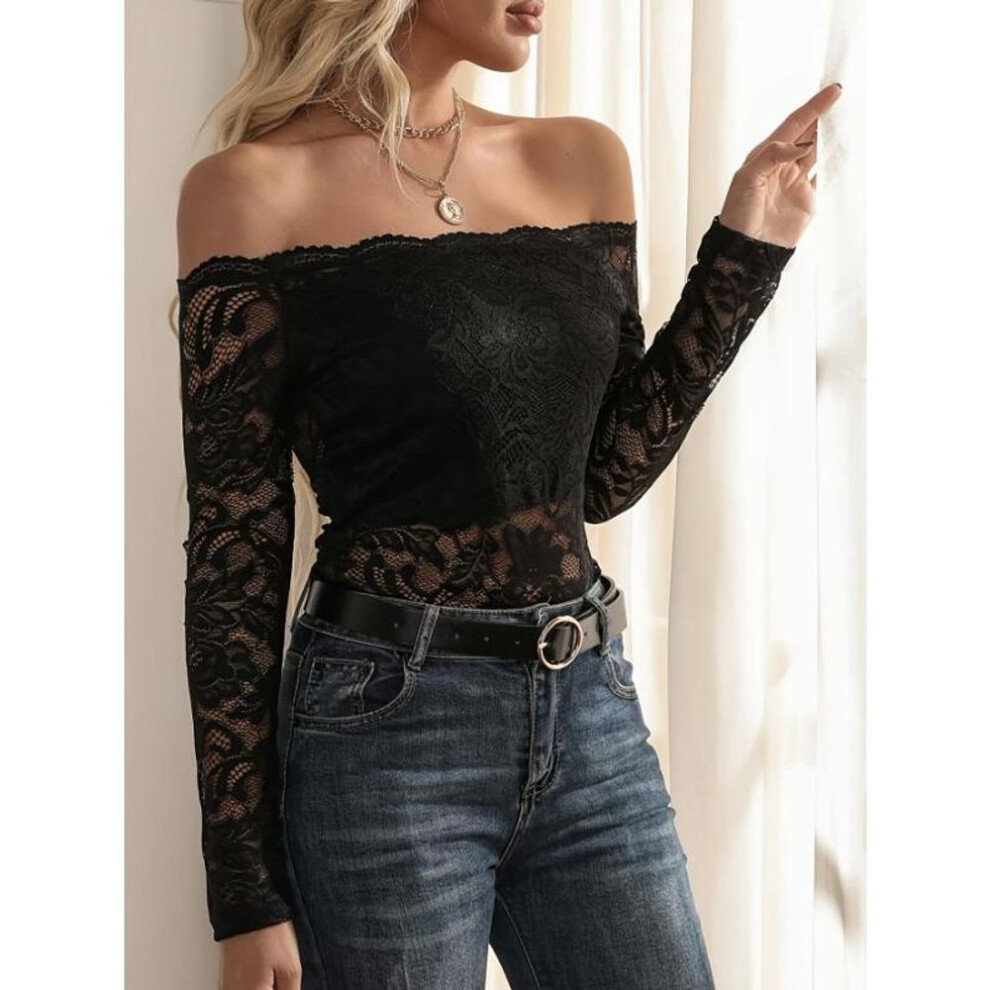 (XL, black) Pure Desire Spice One Line Neck Lace Top Women's New Sexy Slim V-neck with Elegant Off-the-shoulder Long Sleeve T-shirt