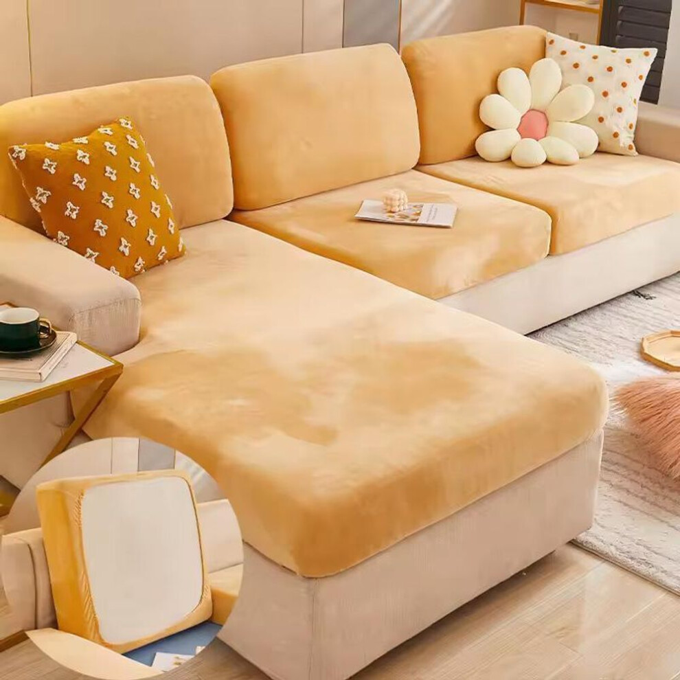 (beige, Plus S(1seater)) Velvet Sofa Cushion Cover Living Room Corner Sectional Sofa Seat Cover 200gsm Thicken Elastic Furniture Cushion Protector