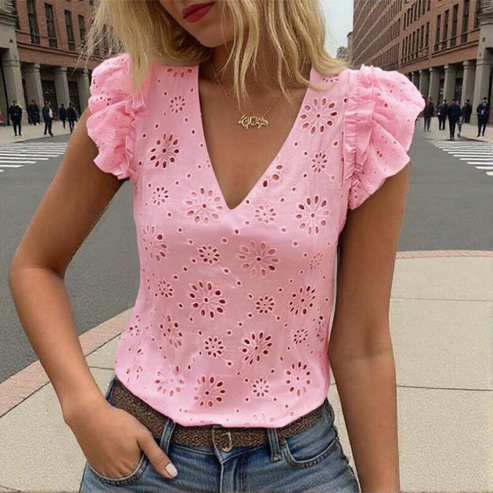 (XL, pink) Zanzea Women Casual V-neck Cape Sleeve Lace Crochet Patchwork Summer Tank Tops