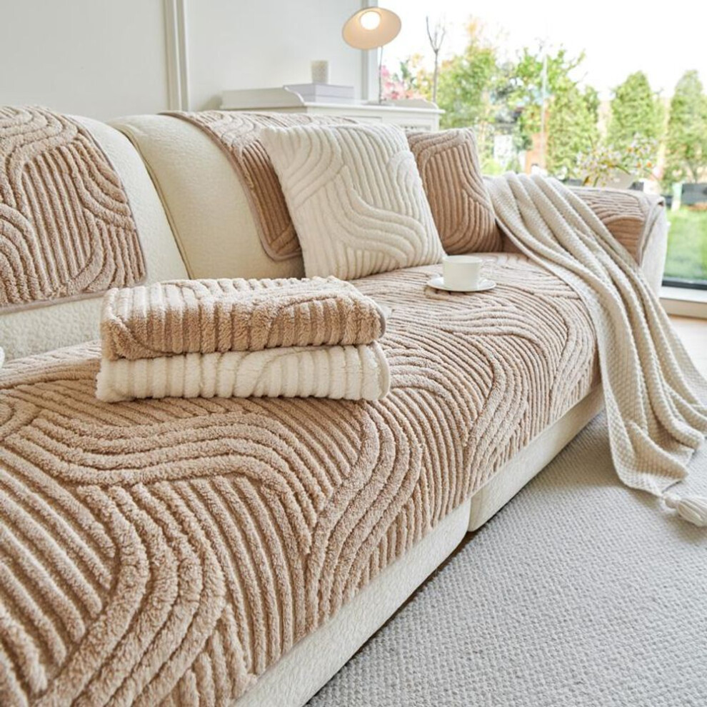 (light coffee, 90x90cm) 1pc Thicken Plush Tail Shape Sofa Cover Autumn And Winter Warm Sofa Mat Solid Color Anti-slip Couch Slipcover For Living Room