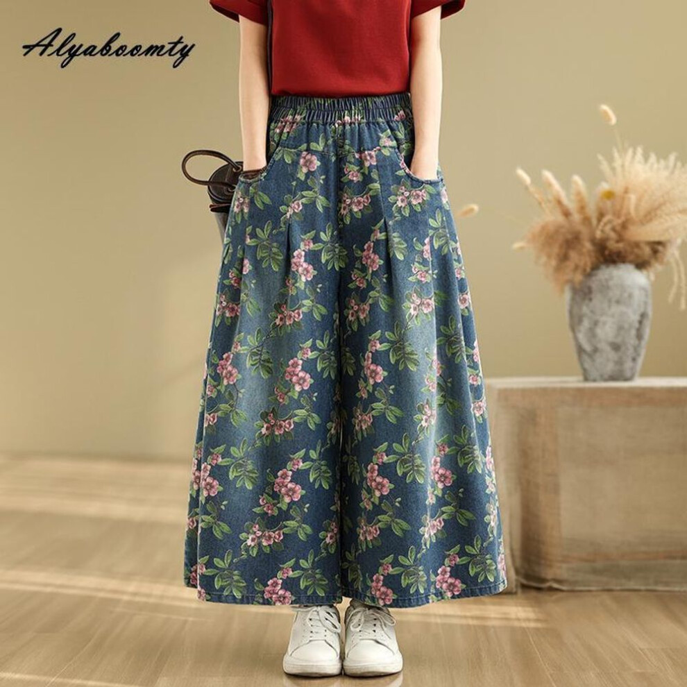(multicolor, XXL) Plus Size Spring Summer Women Floral Jeans Elastic Waist Casual Loose Baggy Denim Trousers Print Stylish Elegant Wide Leg Ladies' Jeans