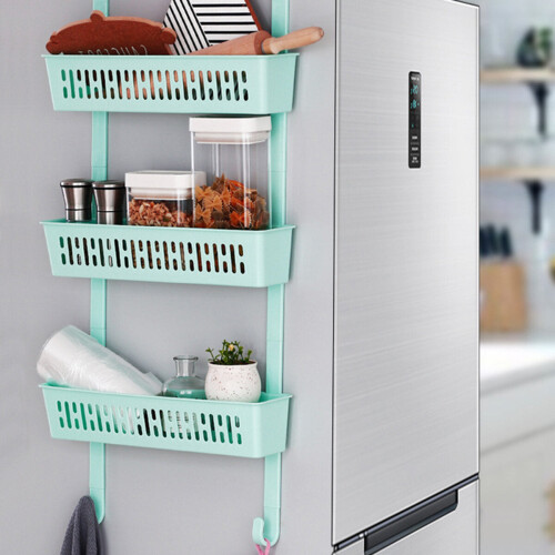 (Green) Wall Mounted Side Refrigerator Rack 3 Layer Shelf Kitchen Storage Rack 2