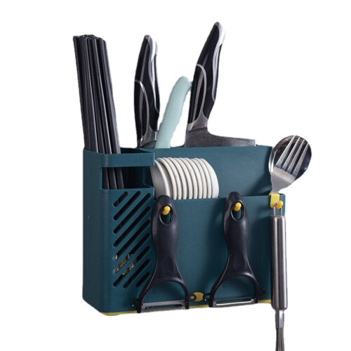(Blue) Creative Multifunction Kitchen Storage Organization Drain Chopstick Cage Wall Mounted Spoon Fork Racks Holder 1