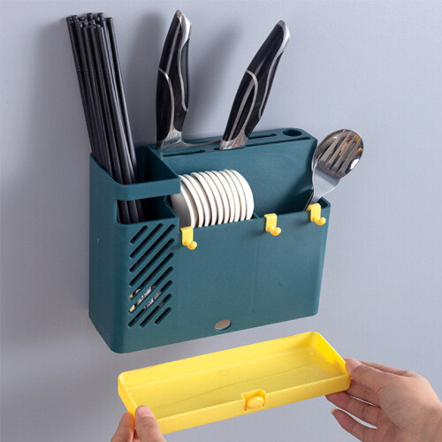 (Blue) Creative Multifunction Kitchen Storage Organization Drain Chopstick Cage Wall Mounted Spoon Fork Racks Holder 2