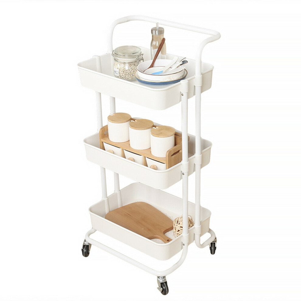 (White) Multifunctional 3-Tier Storage Rack Trolley Rolling Utility Cart Home Kitchen Storage Rack