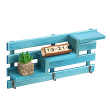(Sky Blue) Wooden Wall Mounted 3 Hanger Hooks Floating Shelf Vintage Shabby Rack