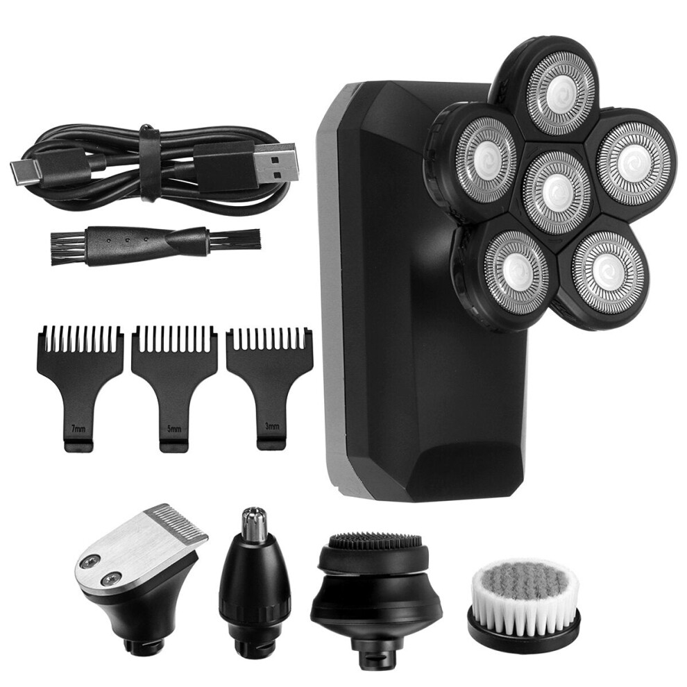 (6 in 1 Electroplate white) 6 IN 1 6D Rotary Electric Shaver LED Display Men IPX7 Waterproof Nose Hair Trimmer Facial Cleaning Brush W/ 3pcs Limit Combs