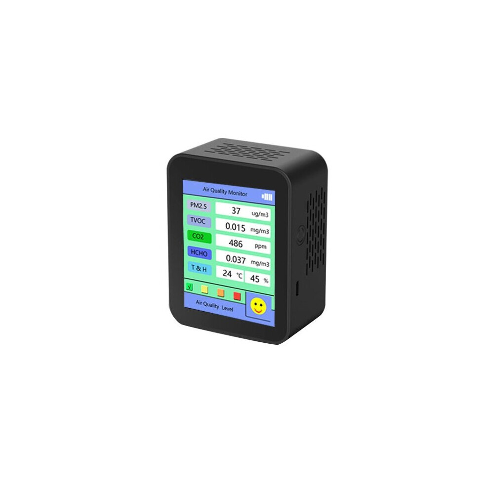 (Black) 6 In 1 Air Quality Monitor PM2.5/TVOC /CO2/HCHO/Temperature/Humidity Built-in Battery Multifunction Air Quality Tester