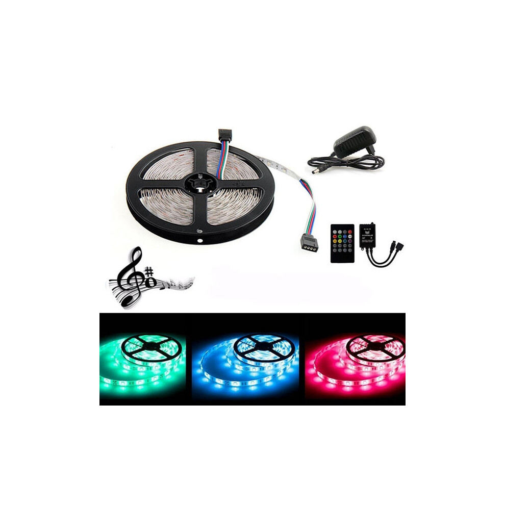 (UK Plug) 5M 300 LED SMD3528 Waterproof RGB Flexible Strip with Music Controller DC12V 2A Power Adapter