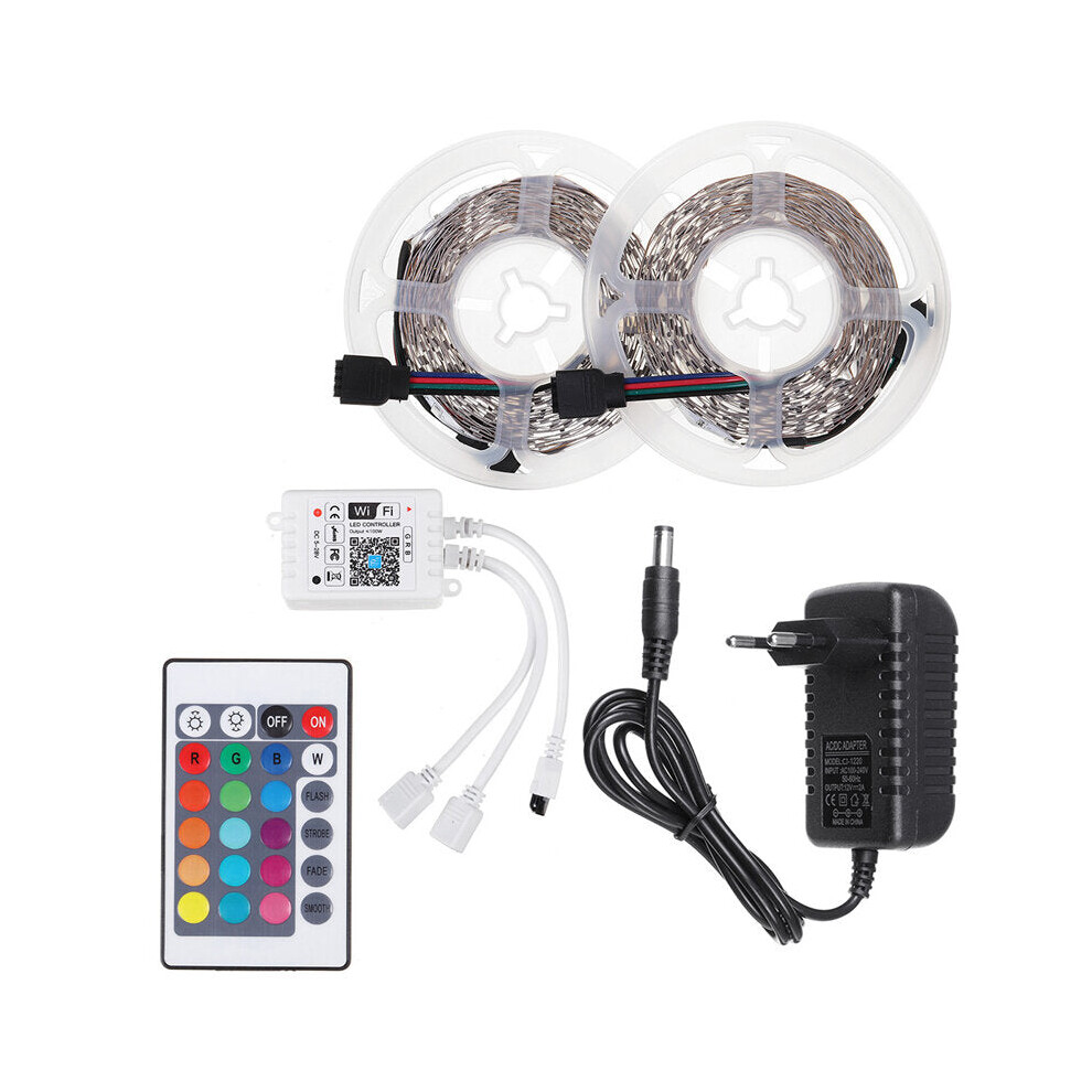 (EU Plug, 10M) 5M/10M 2835 RGB LED Strip Light: 600 LEDs, Non-Waterproof, DC12V with 24-Key Remote, WiFi Controller & Power Adapter for Christmas Decor