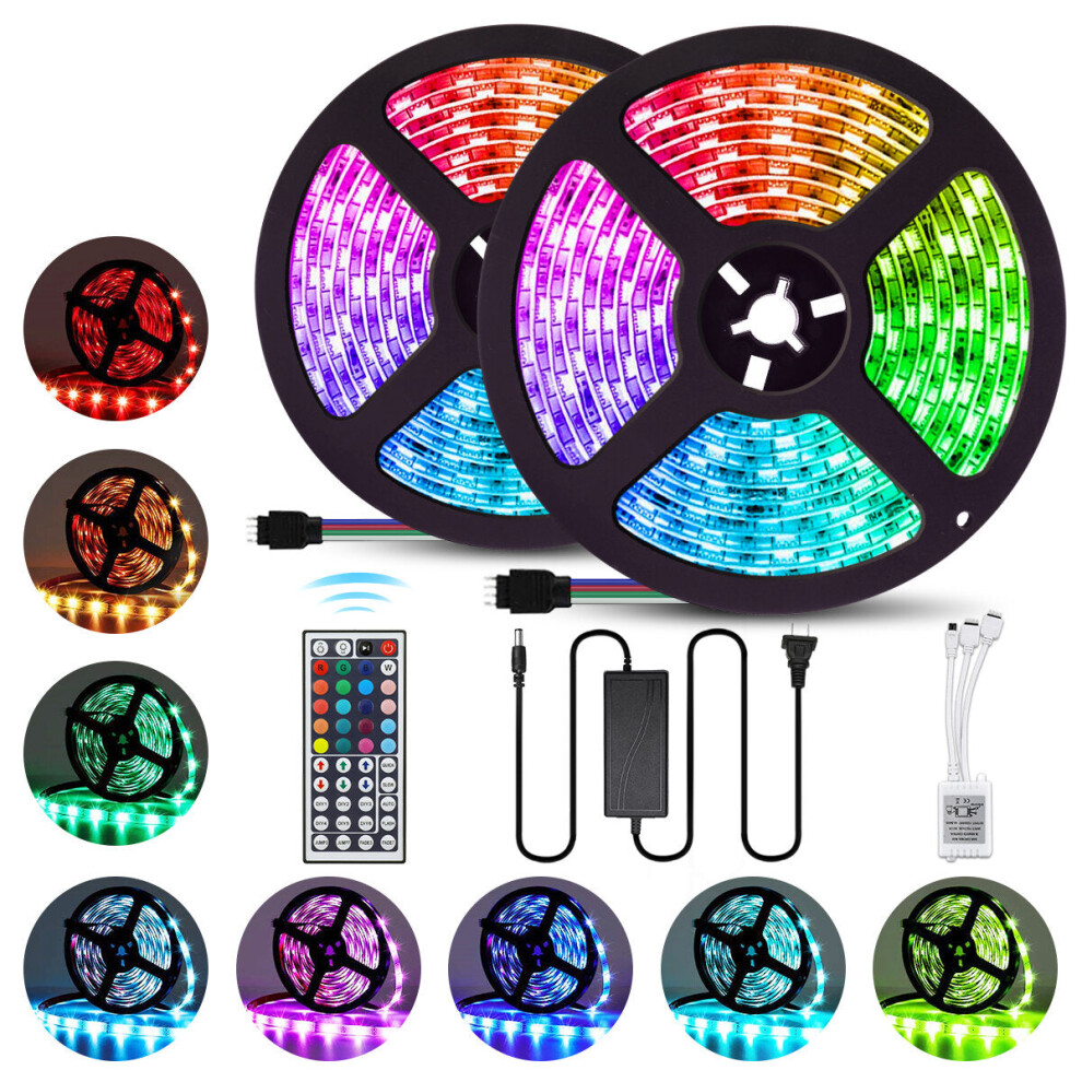 (US Plug) 2PCS 5M LED Strip Light IP65 5050 RGB Flexible TV Backlight DC12V With 44Keys Remote Control + Power Adapter