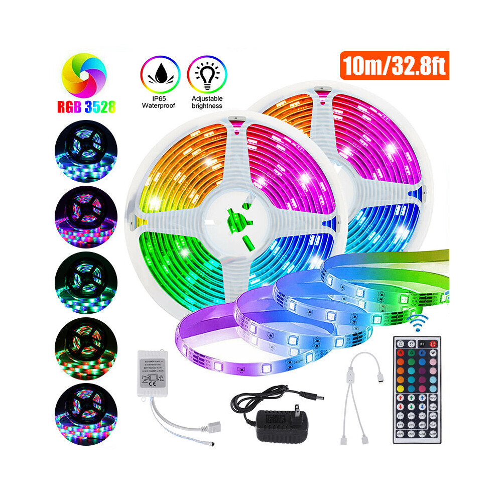(No Waterproof, UK Plug) 32F/10M 3528 RGB LED Strip Light Waterproof/Non-waterproof + 44keys IR Remote Control + DC12V Power Adapter