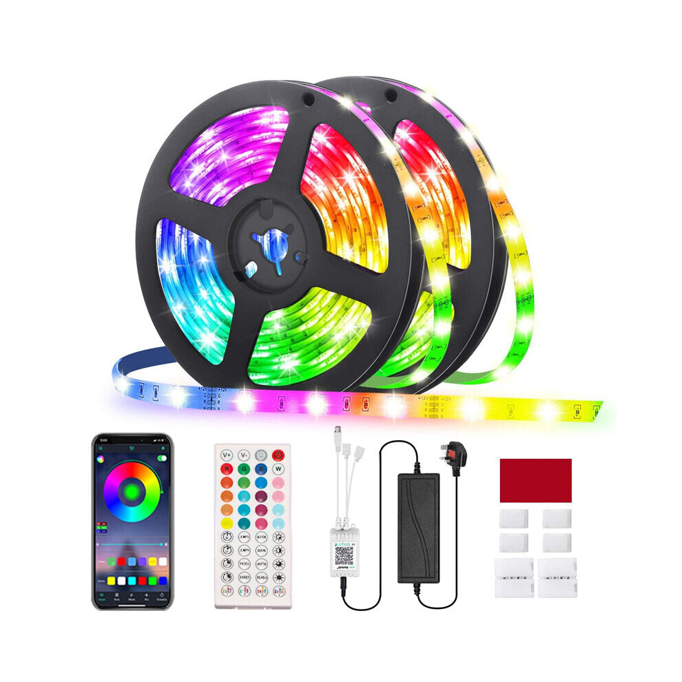 (5M) 5M/10M LED Strip Lights 5050 RGB Changing Under Cabinet Kitchen TV Bluetooth Remote Control UK Plug