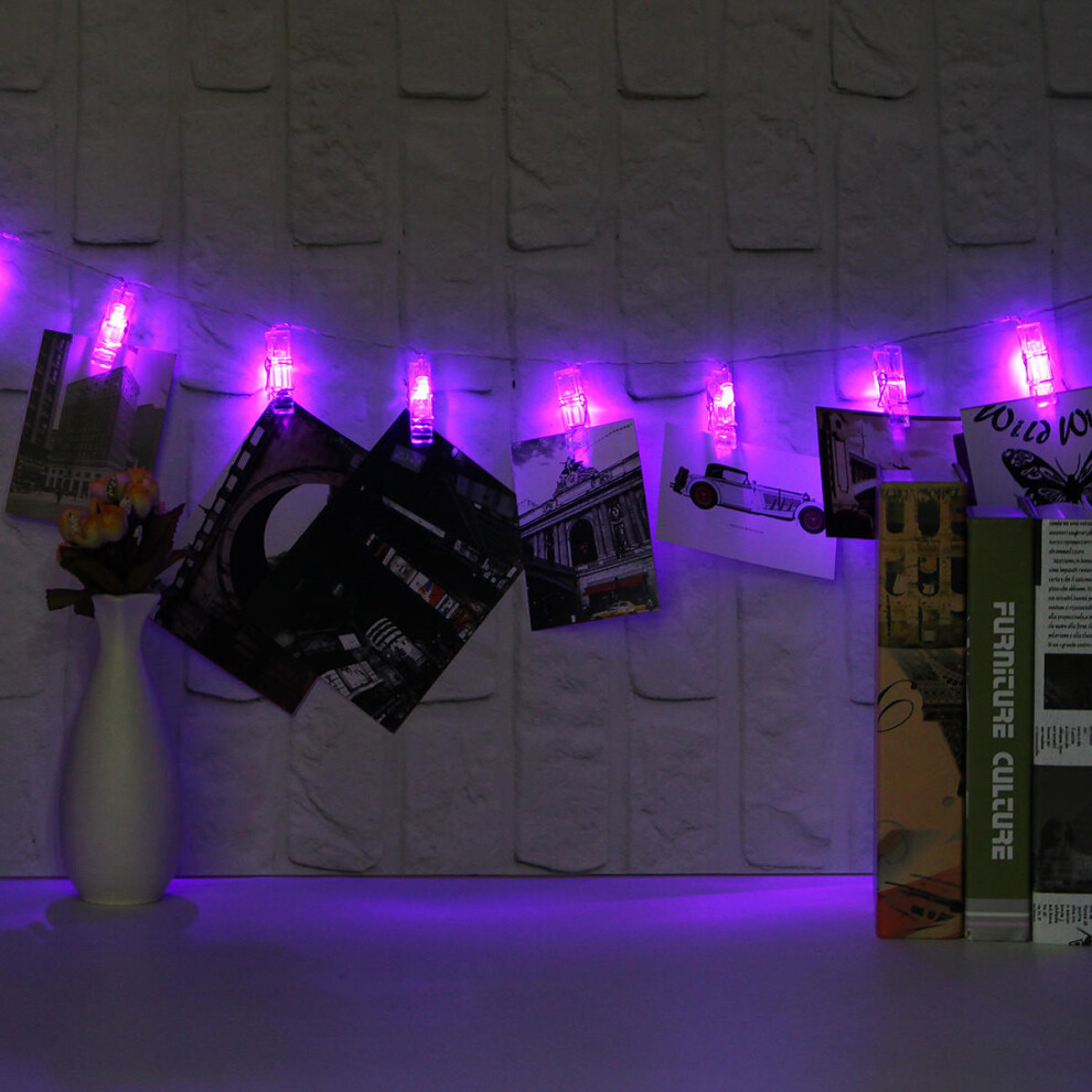 (Purple) Battery Powered 2.2M 20LED Photo Peg Clip Shape Fairy String Light for Hanging Card Picture