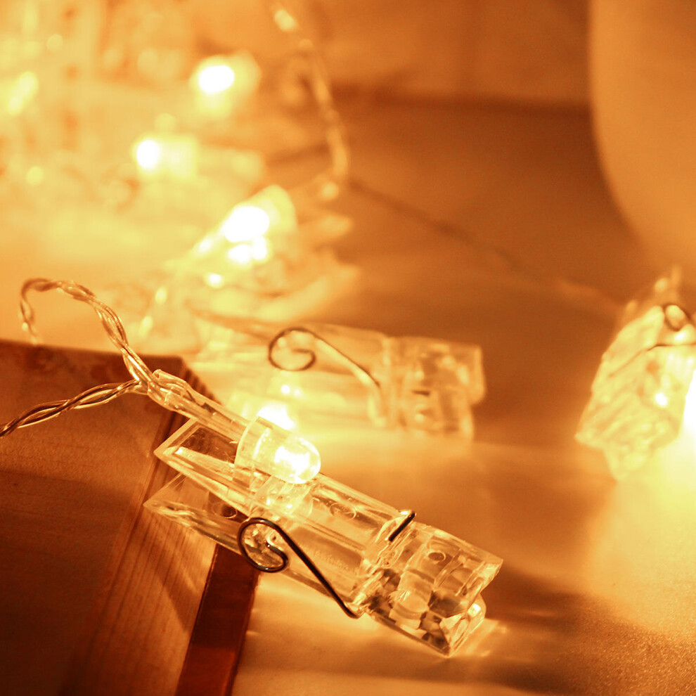 (Yellow) Battery Powered 2.2M 20LED Photo Peg Clip Shape Fairy String Light for Hanging Card Picture