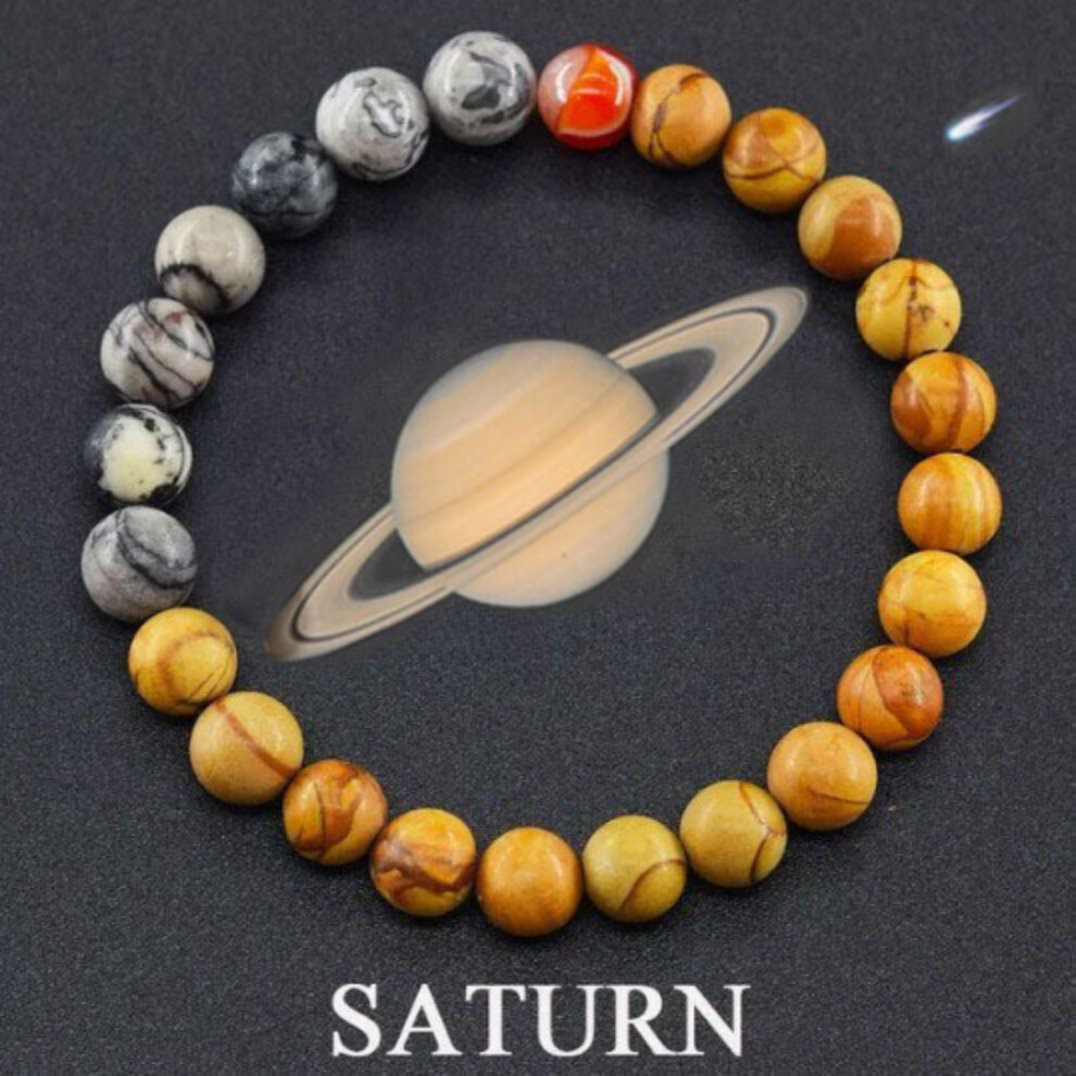 (Saturn) Planets Natural Stone Beaded Unisex Galaxy Solar System Stretch Bracelet