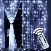 (Pure White) 3M*3M Outdoor USB 8 Modes 300LED Curtain String Light Fairy Christmas Lights Wedding Lamp Festival Holiday Decor
