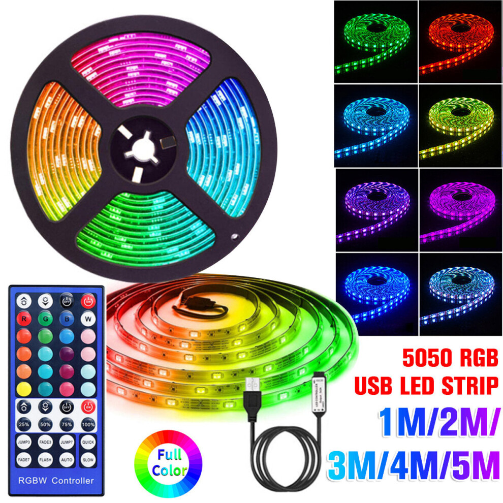 (2M) 1-5M 5050 RGB USB LED Strip Light Colour Changing + 44 Keys IR Remote Control Christmas Decorations Lights