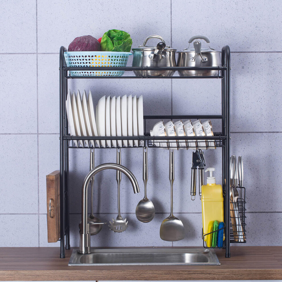 (60cm) Double Layer Shelf Dish Stainless Holder Steel Sink Drain Rack Kitchen Cutlery Drying Drainer Kitchen Storage Rack