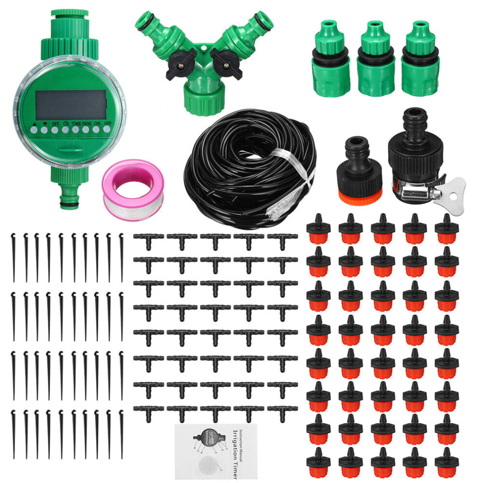 (15m) 15/25/30/40/50m Drip Hose Water Irrigation System + Auto Timer Greenhouse Plants Kit