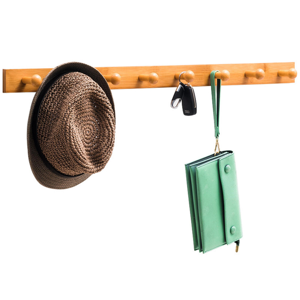 (Natural, #7 Hooks) Coat Hanger Wall Mounted Rack Rail Hook Bamboo Wooden Shelf Clothes Hat Towel Holder