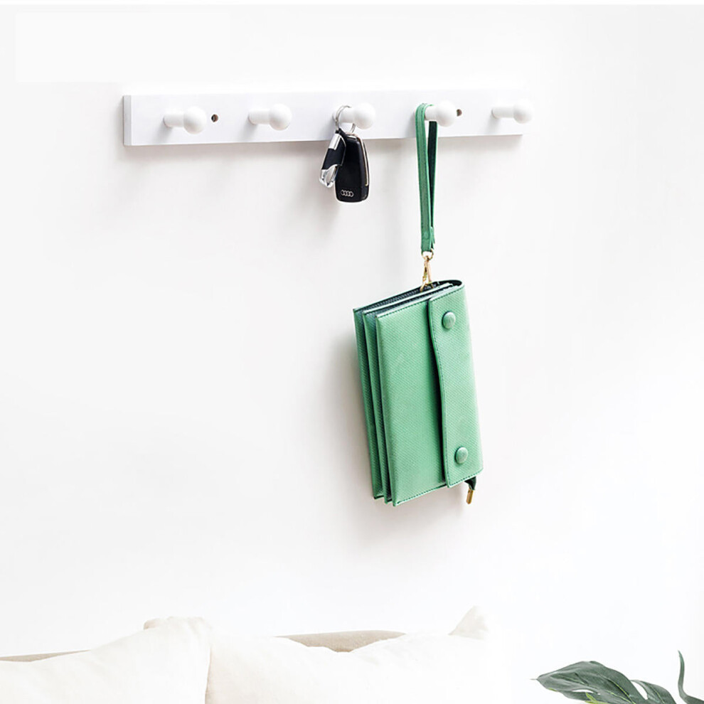 (White, #5 Hooks) Coat Hanger Wall Mounted Rack Rail Hook Bamboo Wooden Shelf Clothes Hat Towel Holder