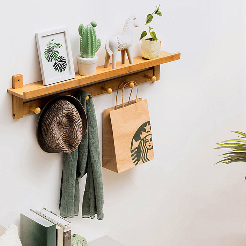 (Natural, L) 3/4/5/6 Hook Rack Wall Mount Hanger Key Coat Hat Holder Wooden Bamboo Organiser