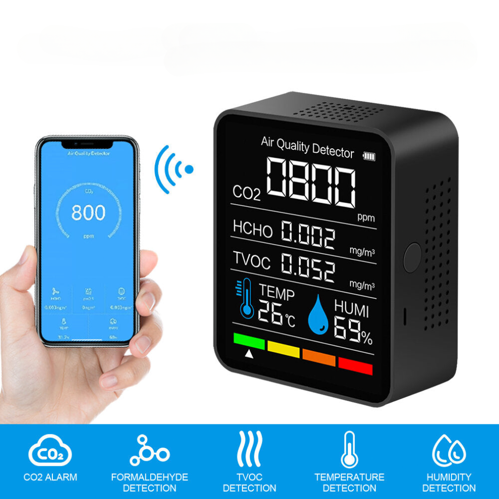 (Black) 5-In-1 Bluetooth-Connected Carbon Dioxide Tester for Detecting TVOC Formaldehyde Concentrated Air Quality Temperature Humidity CO